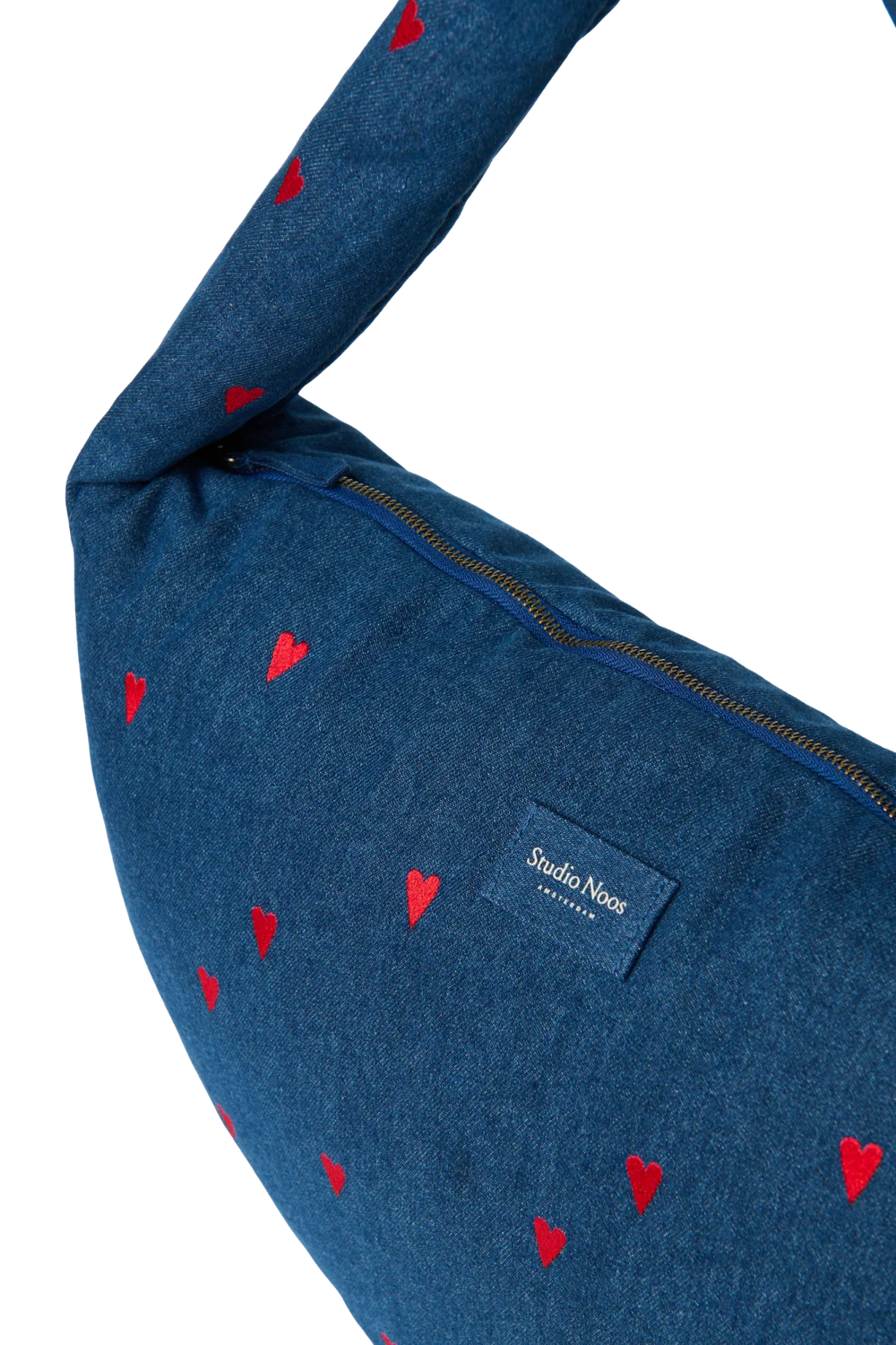 Denim Cross Body Bag | Dark Blue Red Hearts