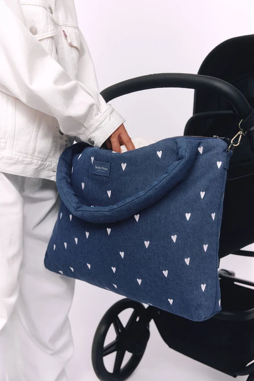 Denim Diaper Bag | Dark Blue White Hearts