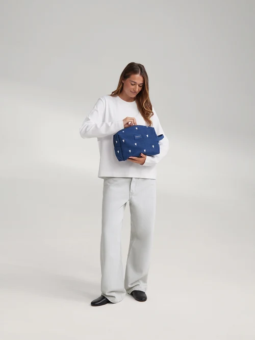 Denim Toiletry Bag | Dark Blue White Hearts