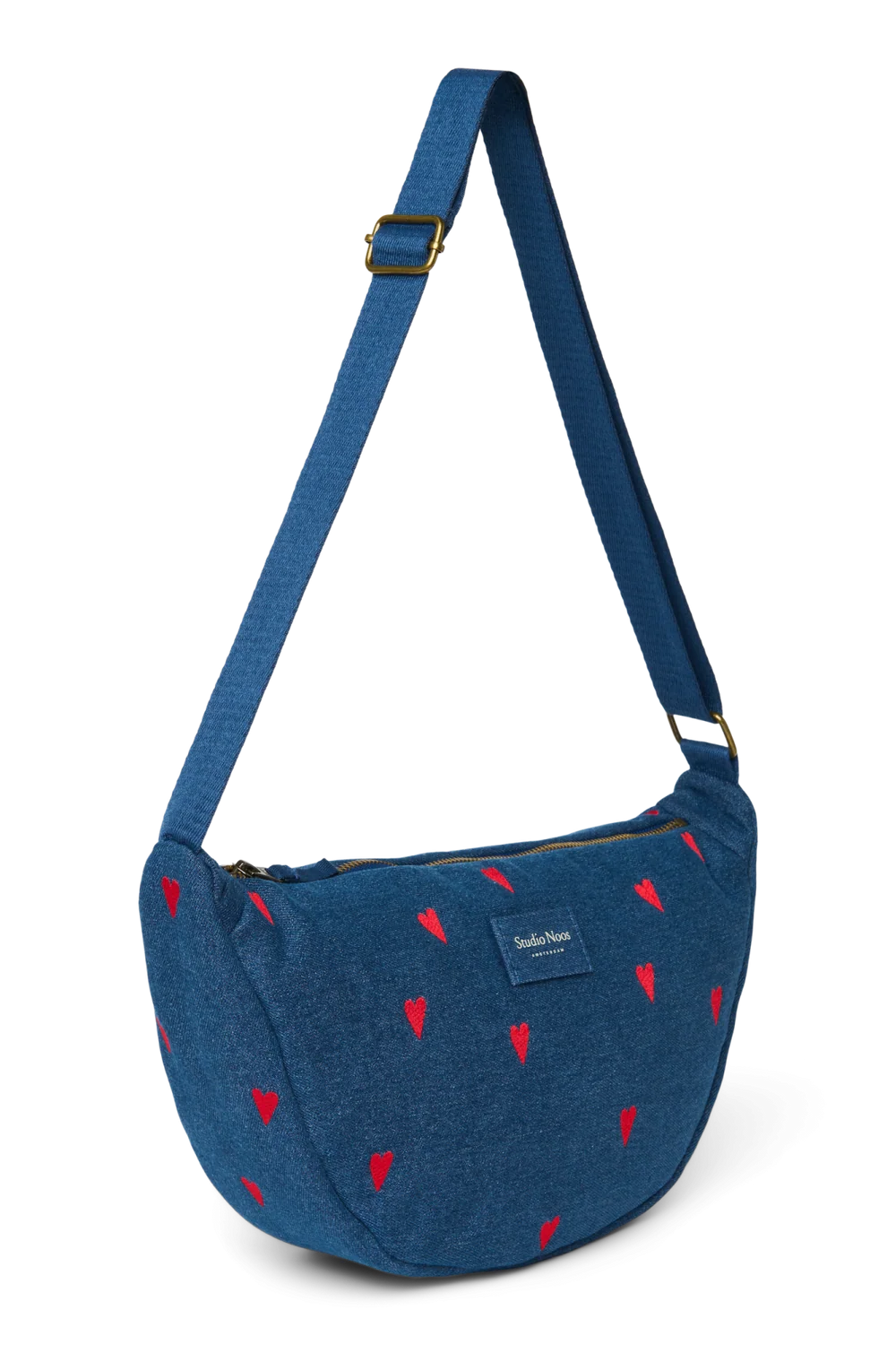 Denim Adult Fanny Pack | Dark Blue Red Hearts