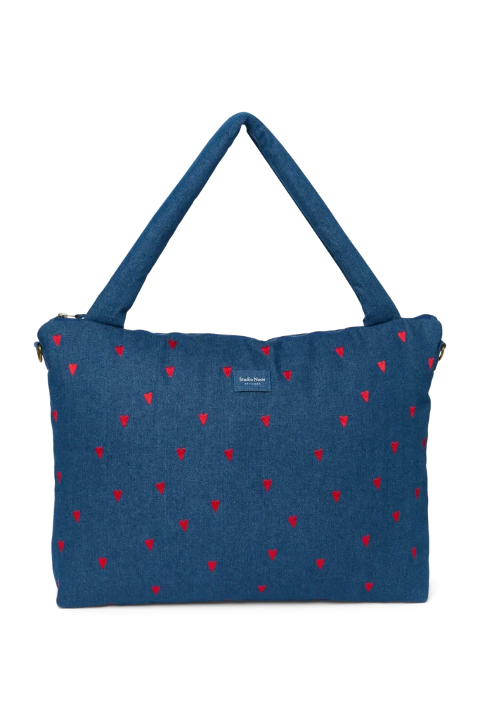 Denim Diaper Bag | Dark Blue Red Hearts