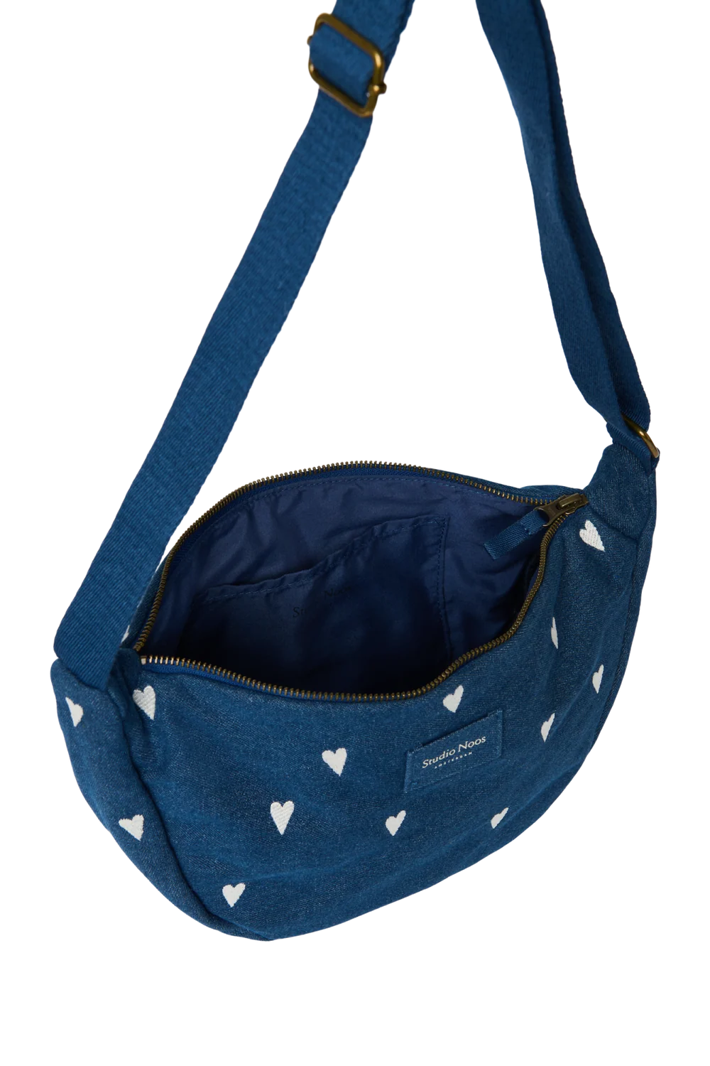 Denim Adult Fanny Pack | Dark Blue White Hearts