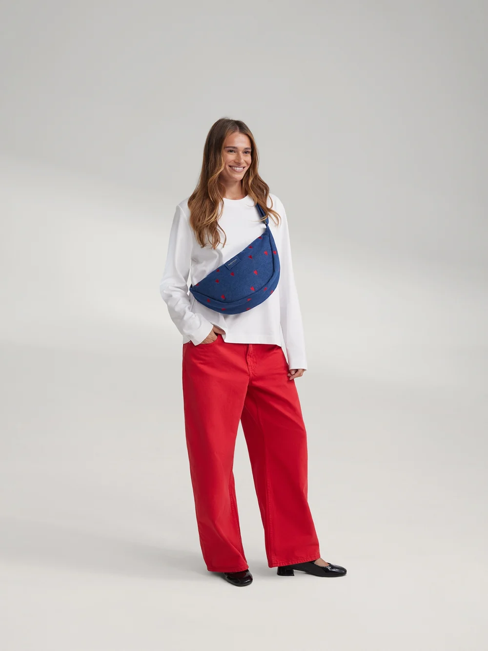Denim Adult Fanny Pack | Dark Blue Red Hearts