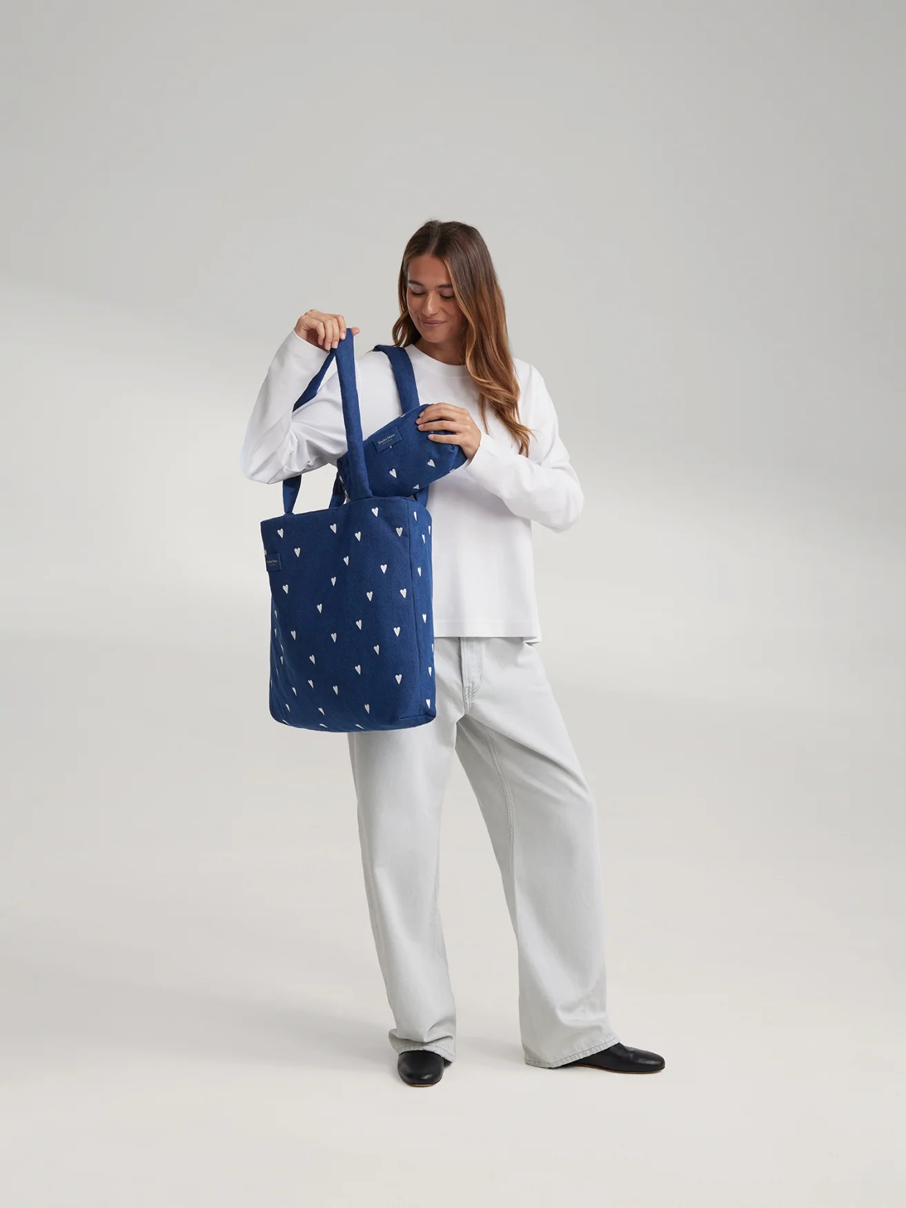 Denim Pouch | Dark Blue White Hearts