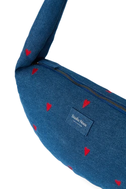 Denim Mini Cross Body Bag | Dark Blue Red Hearts
