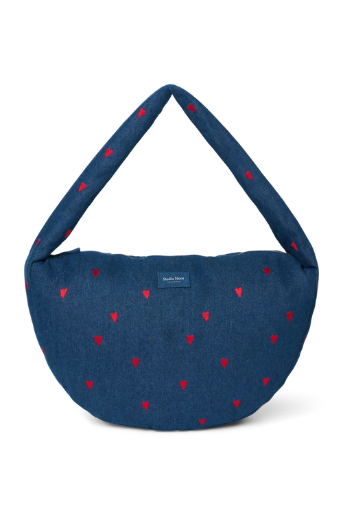Denim Cross Body Bag | Dark Blue Red Hearts
