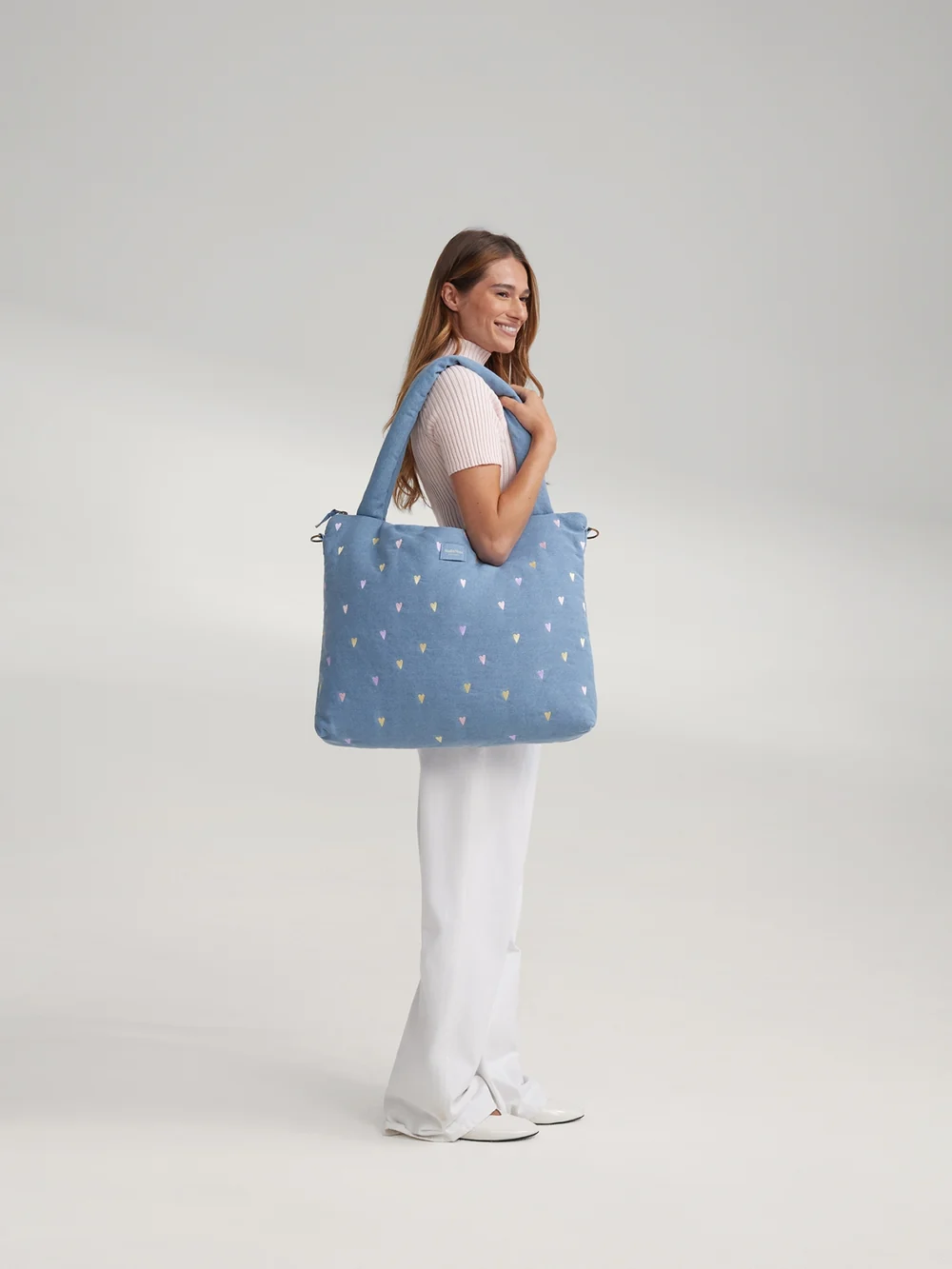Denim Diaper Bag | Light Blue Hearts