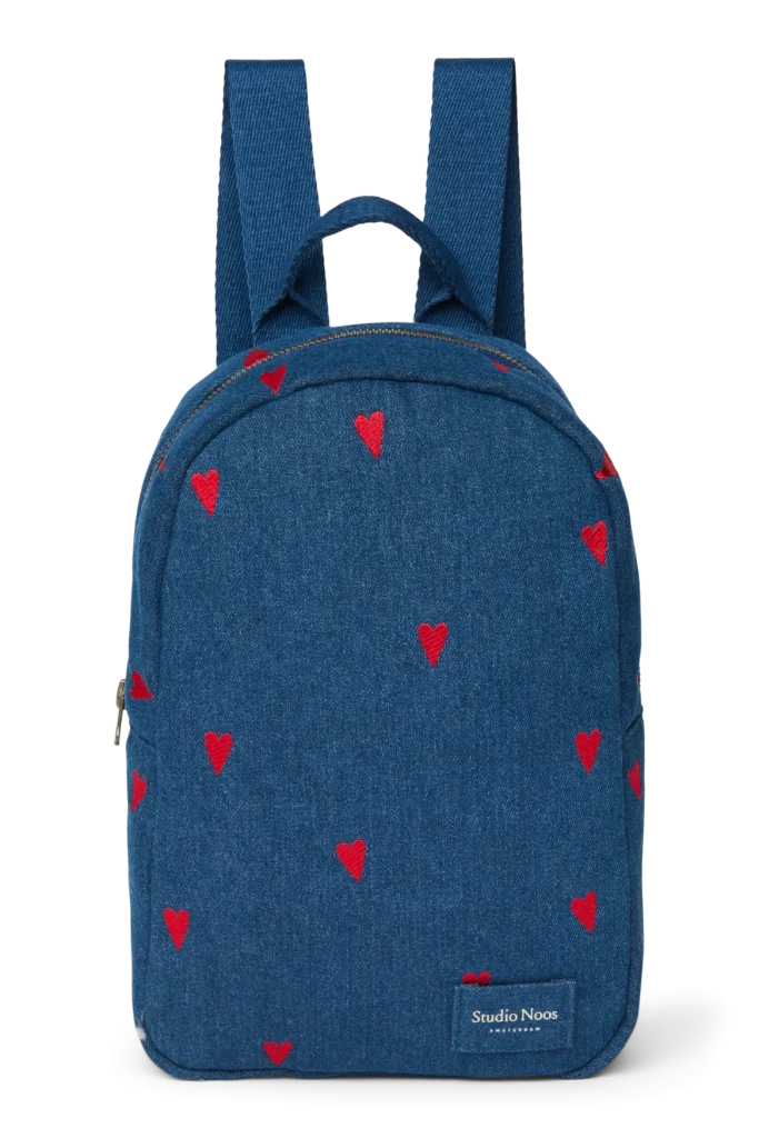 Denim Mini Backpack | Dark Blue Red Hearts