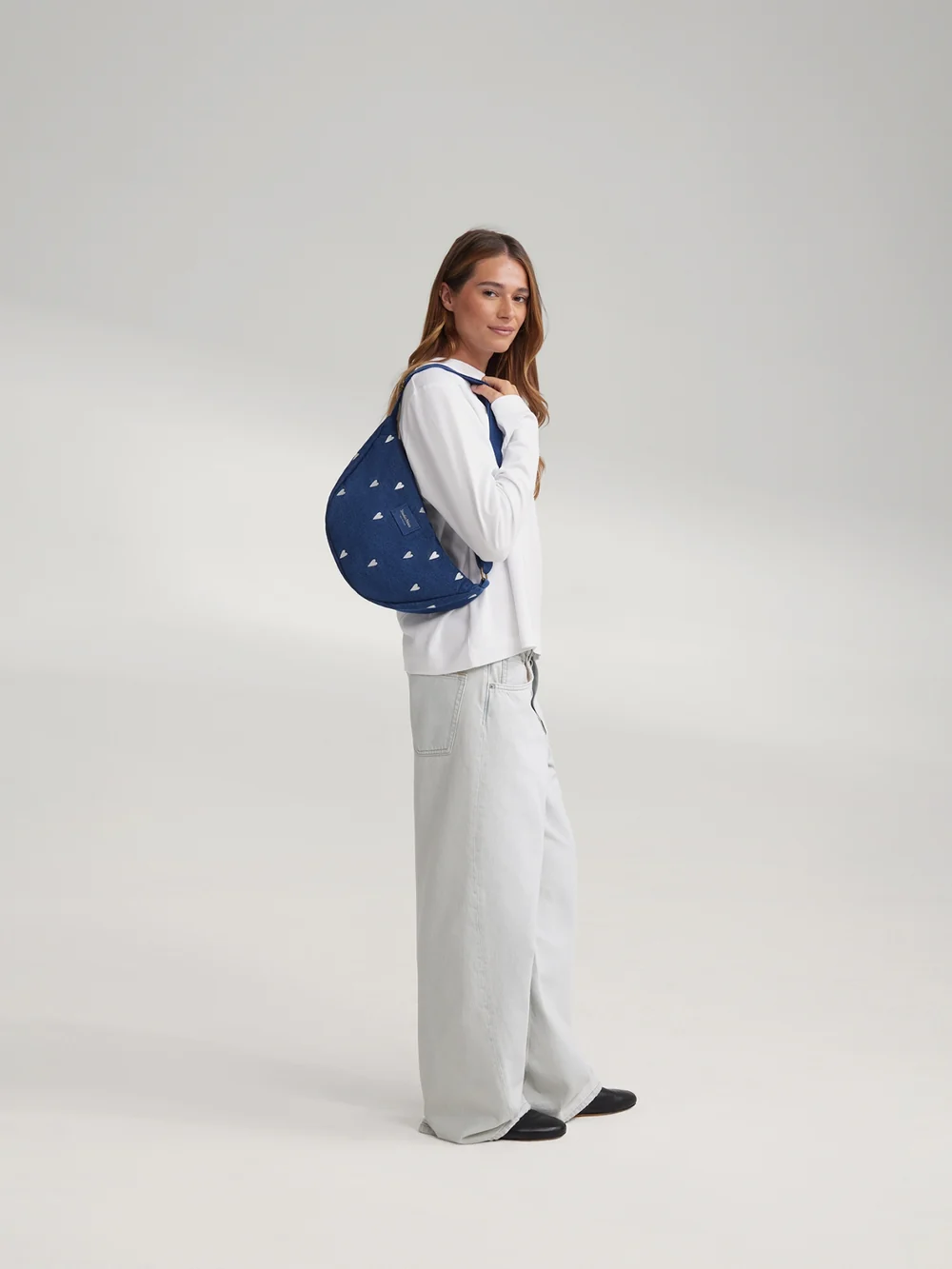 Denim Adult Fanny Pack | Dark Blue White Hearts