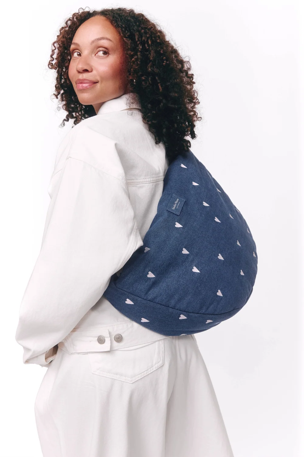 Denim Cross Body Bag | Dark Blue White Hearts