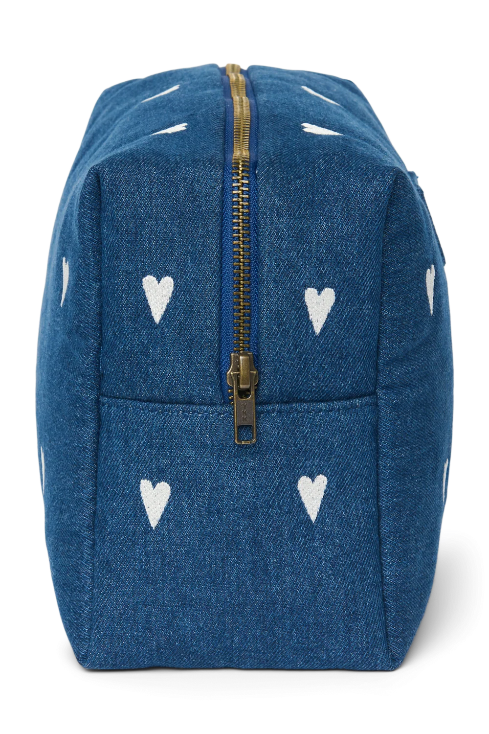 Denim Toiletry Bag | Dark Blue White Hearts