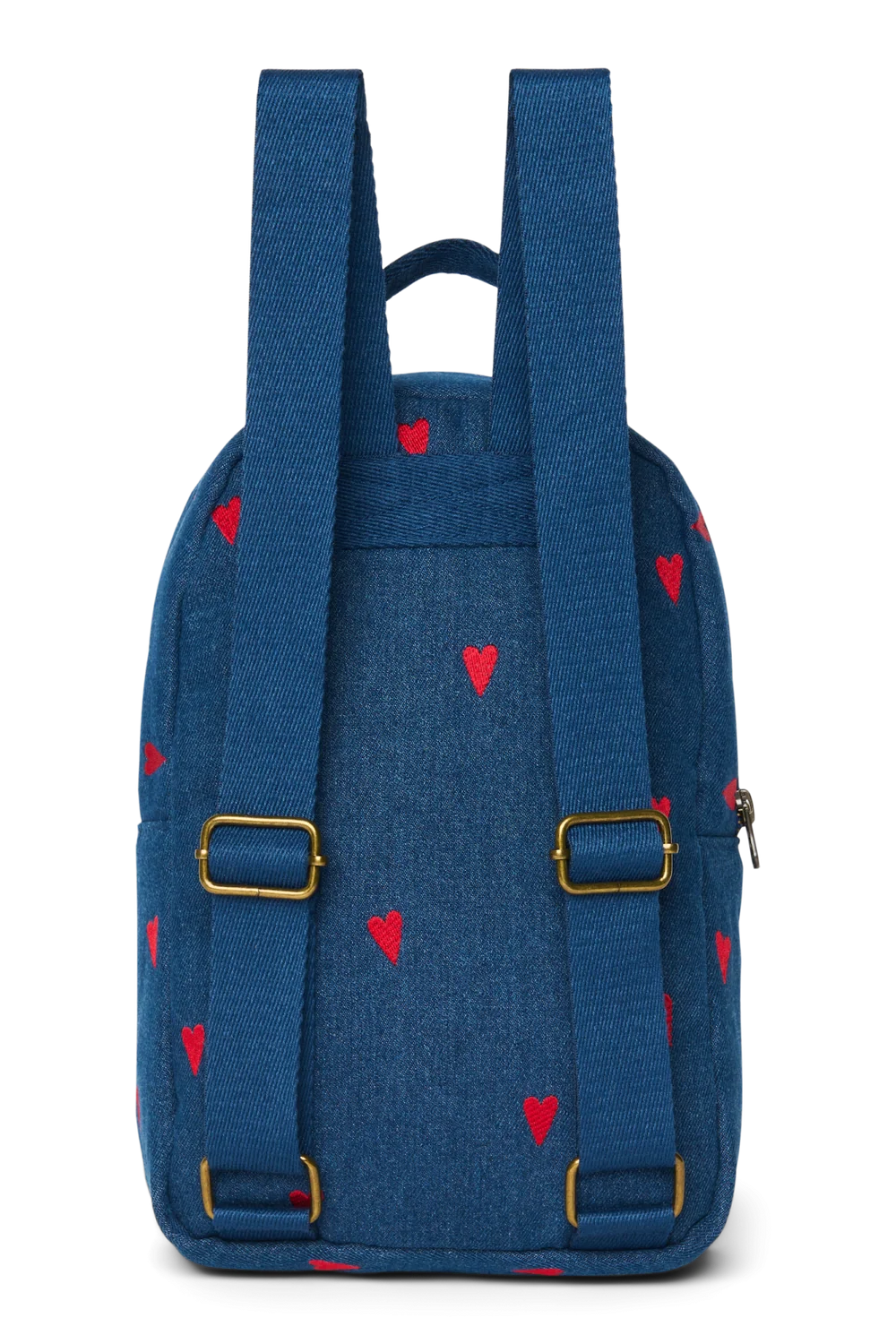Denim Mini Backpack | Dark Blue Red Hearts