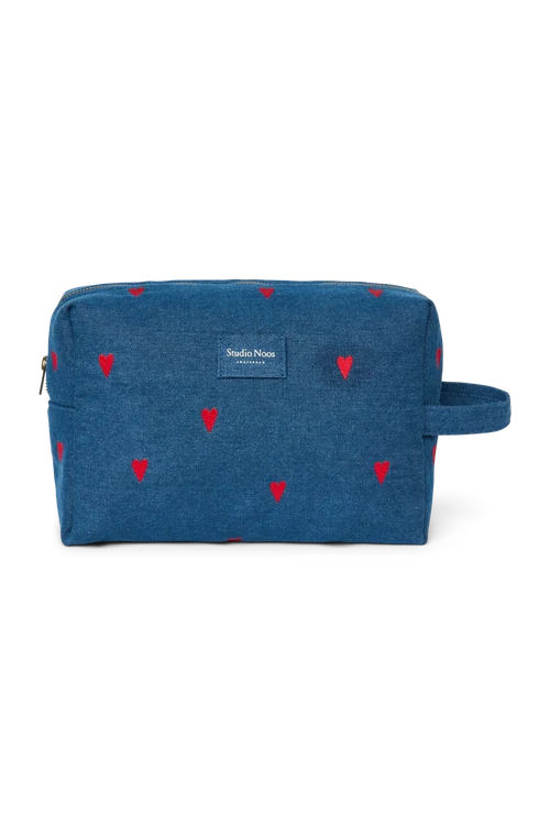 Denim Toiletry Bag | Dark Blue Red Hearts