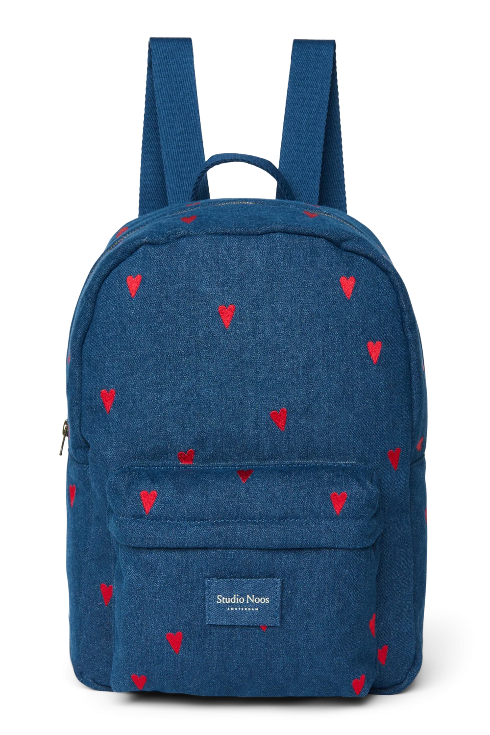 Denim Midi Backpack | Dark Blue Red Hearts