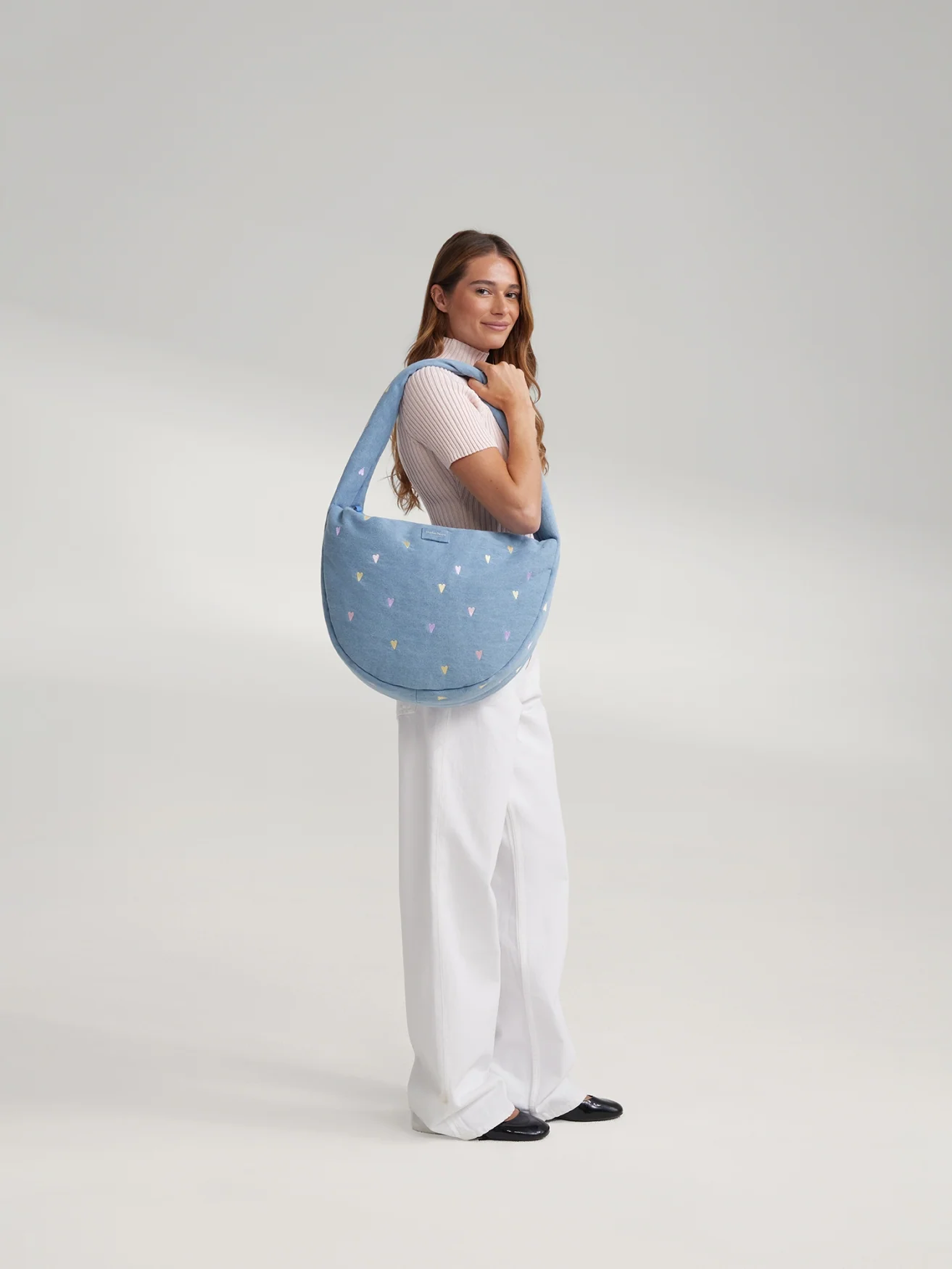 Denim Cross Body Bag | Light Blue Hearts