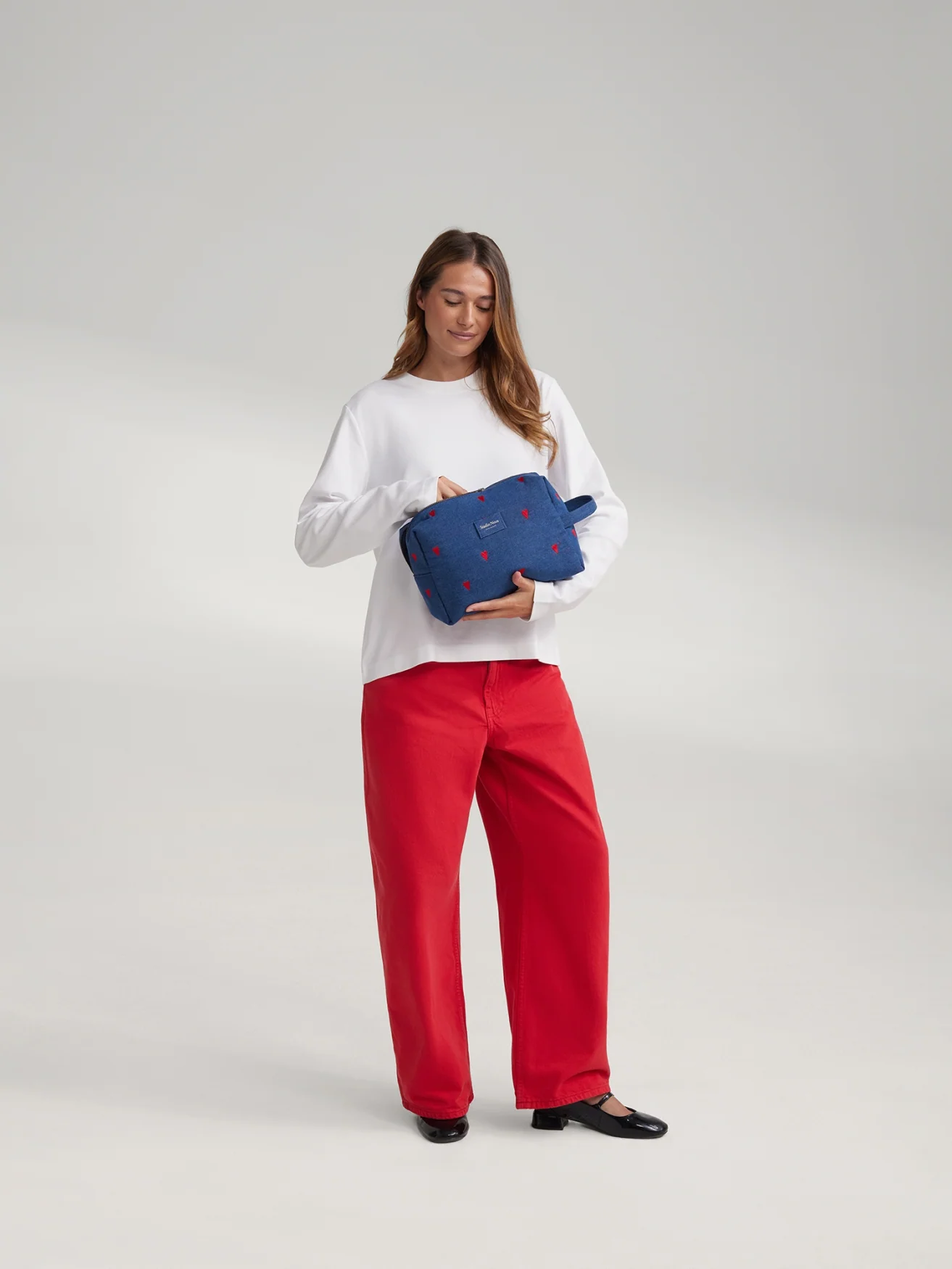 Denim Toiletry Bag | Dark Blue Red Hearts