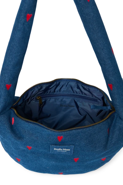 Denim Mini Cross Body Bag | Dark Blue Red Hearts