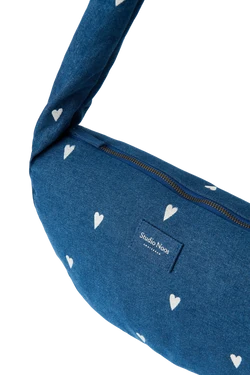 Denim Mini Cross Body Bag | Dark Blue White Hearts