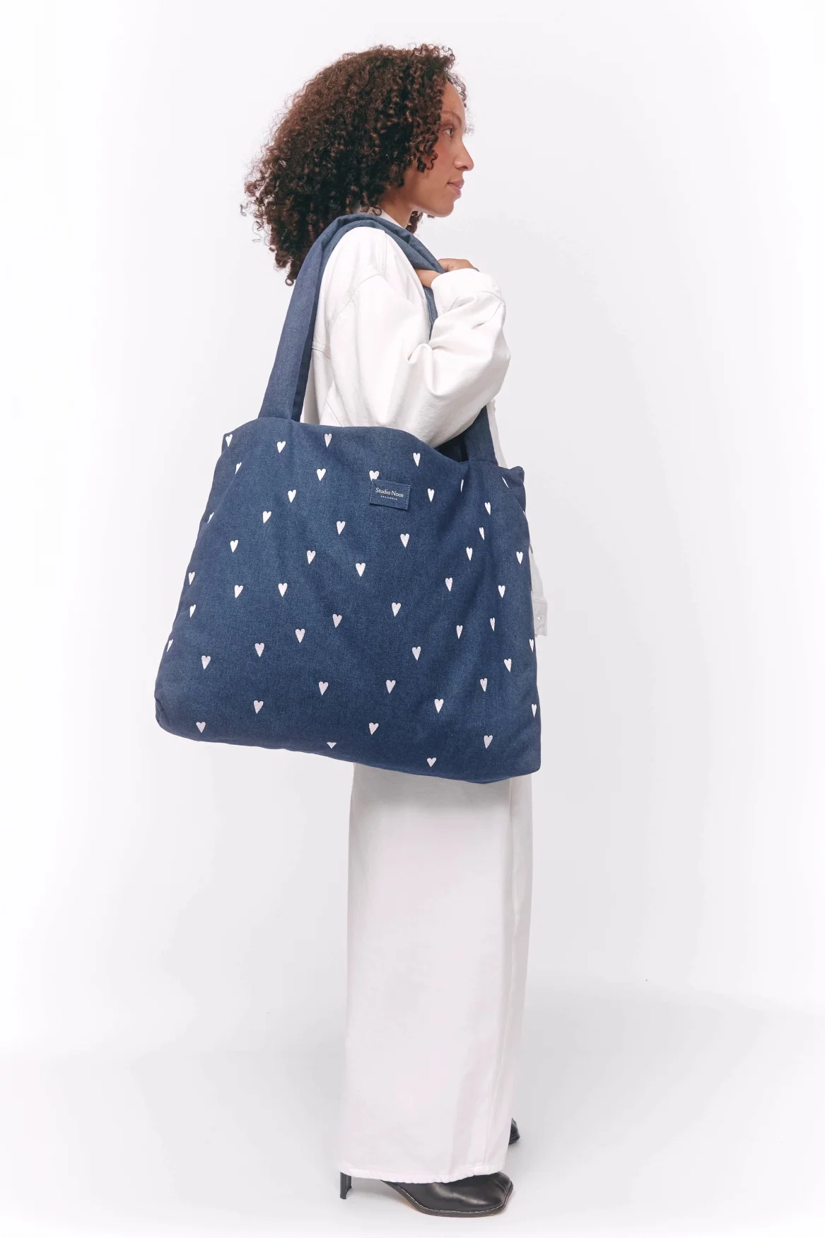 Denim Mom Bag | Dark Blue White Hearts