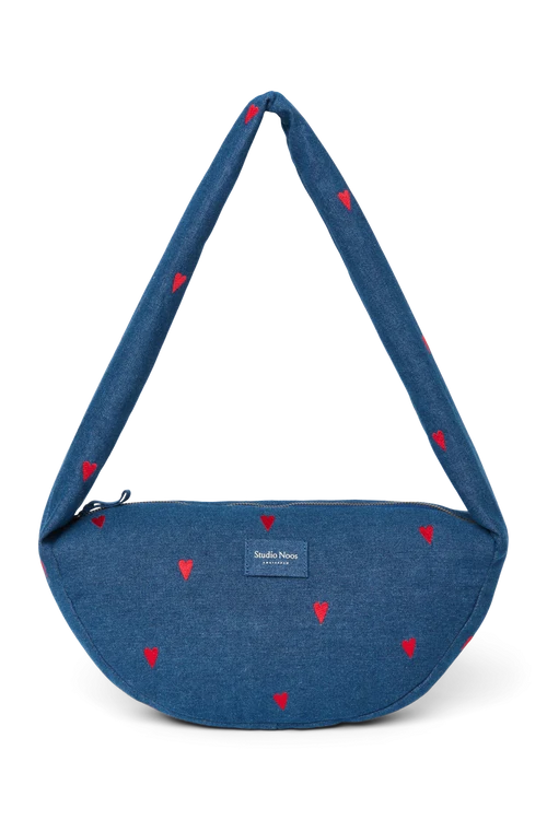 Denim Mini Cross Body Bag | Dark Blue Red Hearts