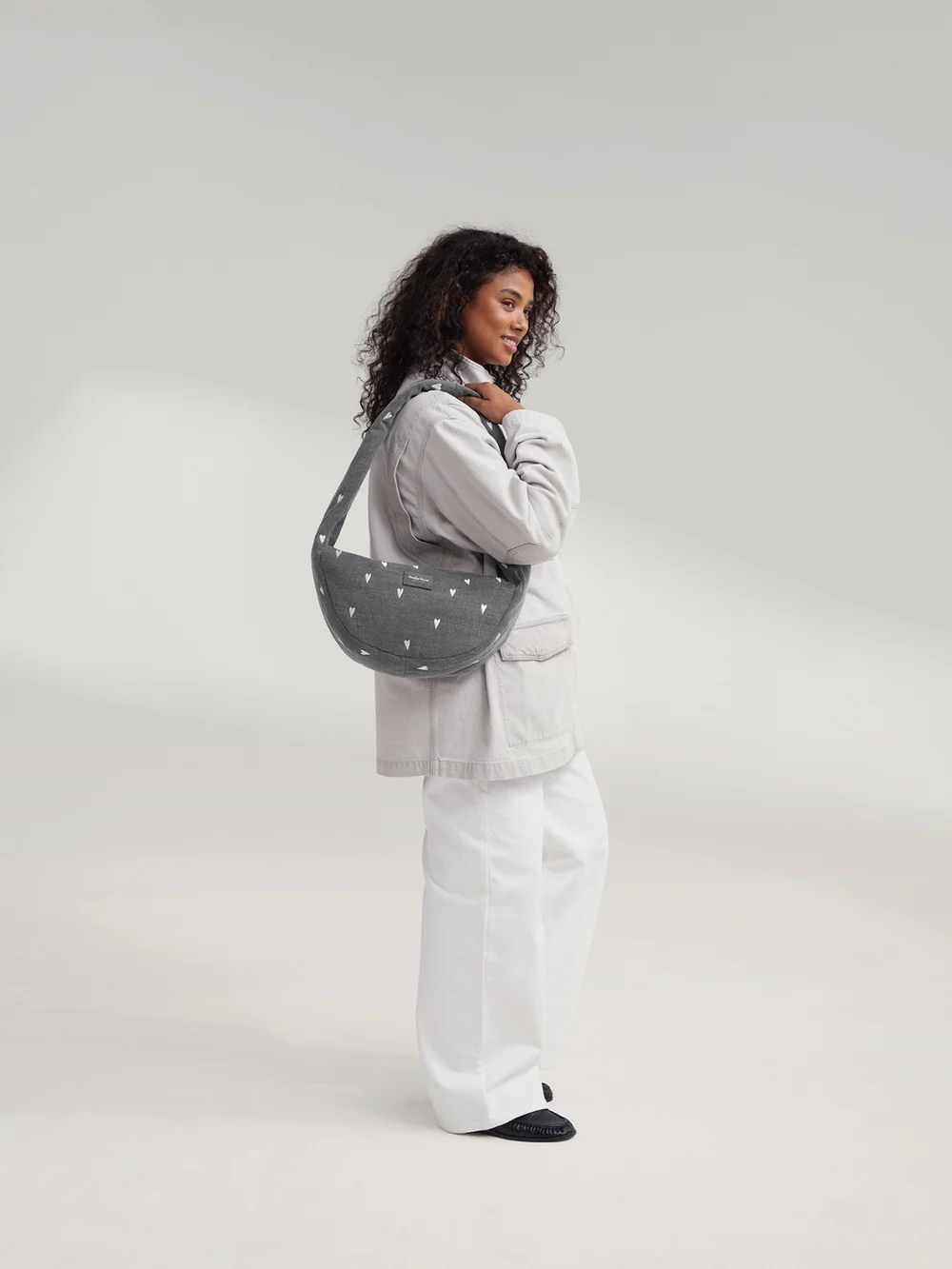 Denim Mini Cross Body Bag | Grey Hearts
