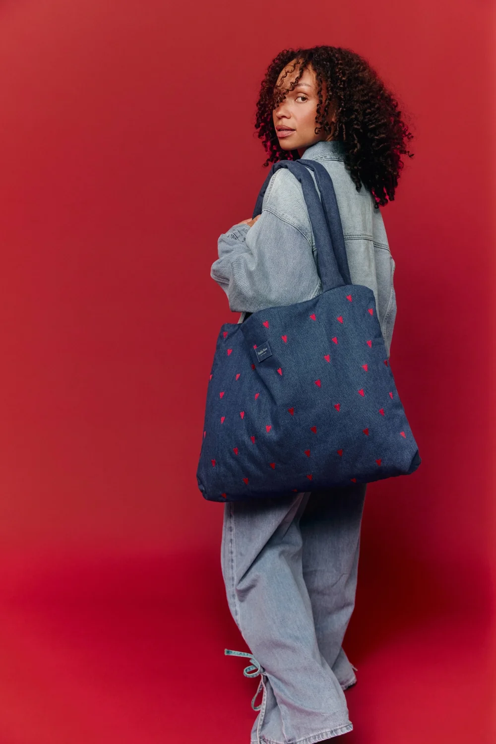 Denim Mom Bag | Dark Blue Red Hearts