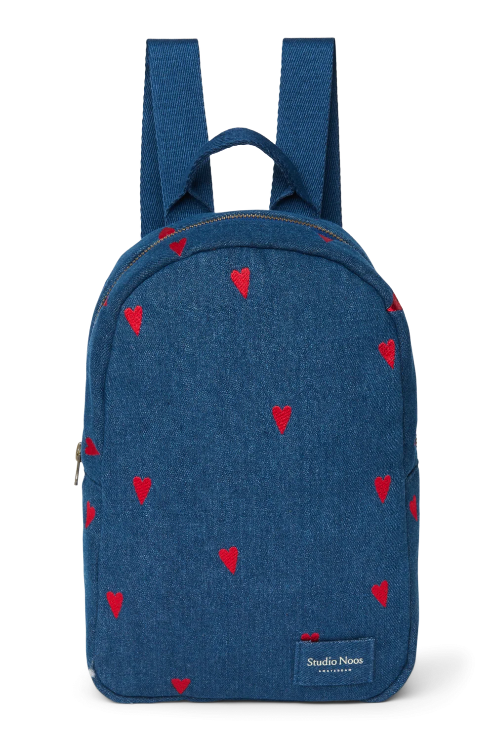 Denim Mini Backpack | Dark Blue Red Hearts