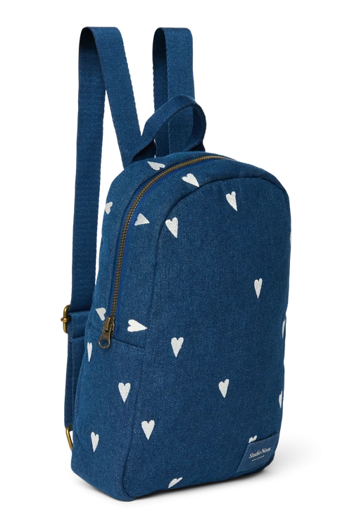 Denim Mini Backpack | Dark Blue White Hearts