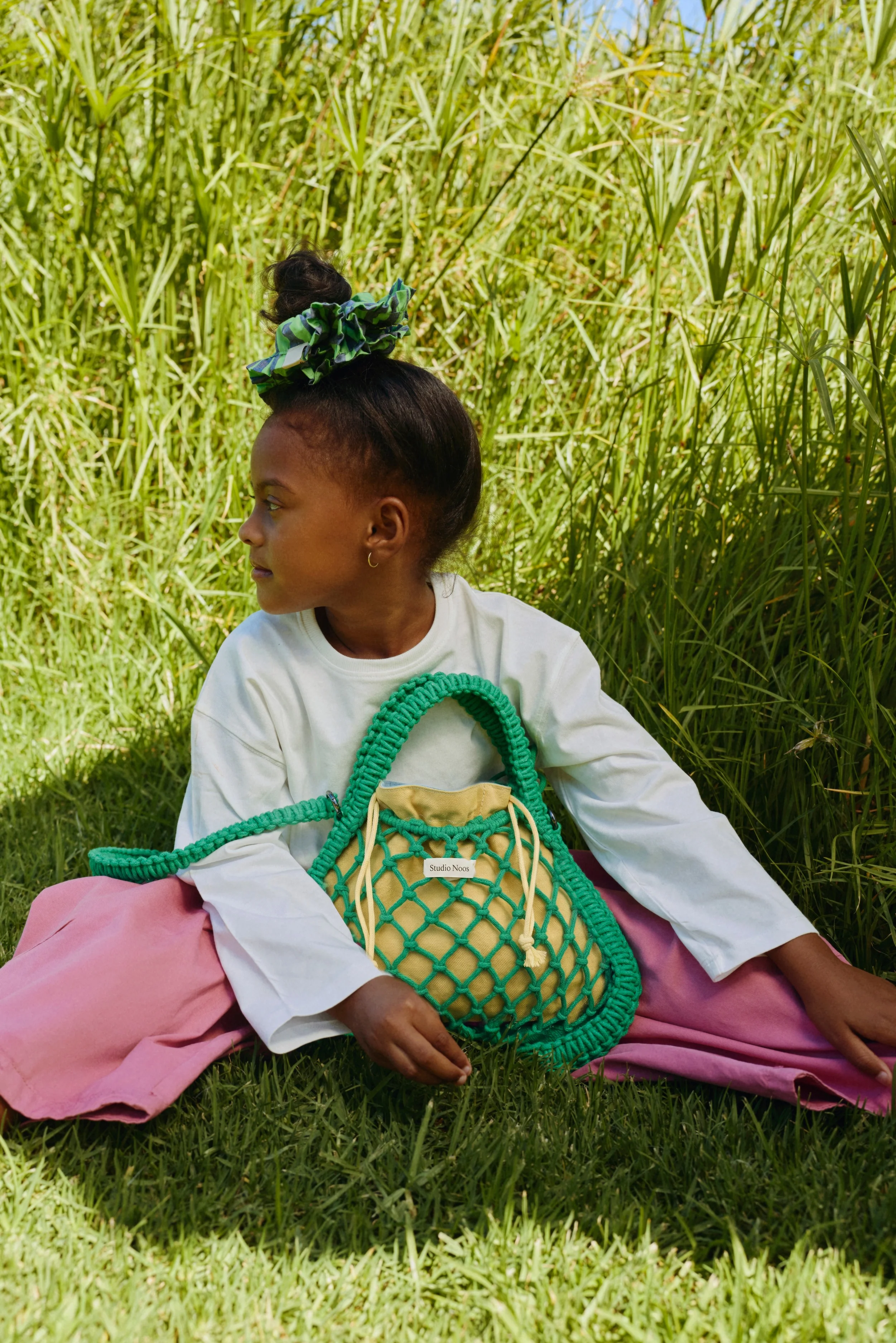 Blue-Yellow Reversible Insert | Green Macram&eacute; Mini Handbag with
