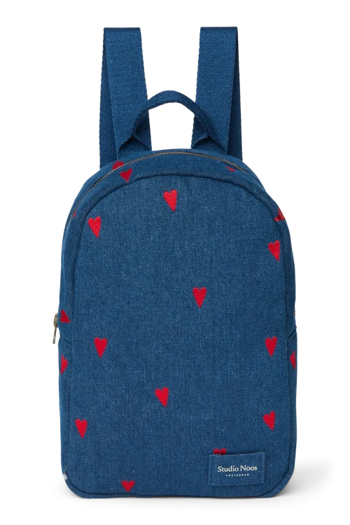 Denim Mini Backpack | Dark Blue Red Hearts