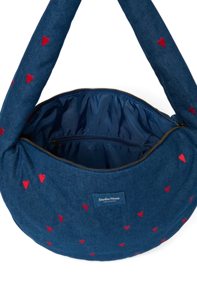 Denim Cross Body Bag | Dark Blue Red Hearts