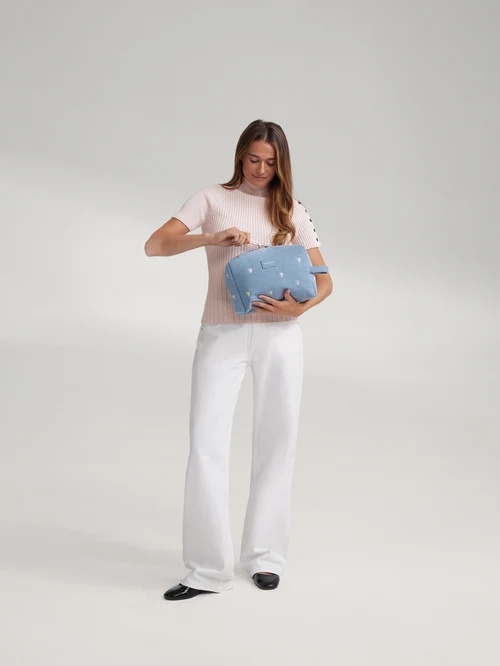 Denim Toiletry Bag | Light Blue Hearts