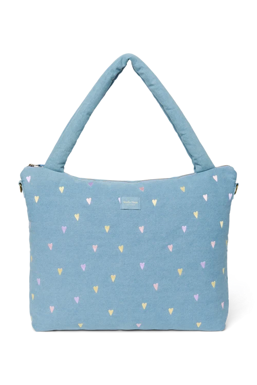 Denim Diaper Bag | Light Blue Hearts