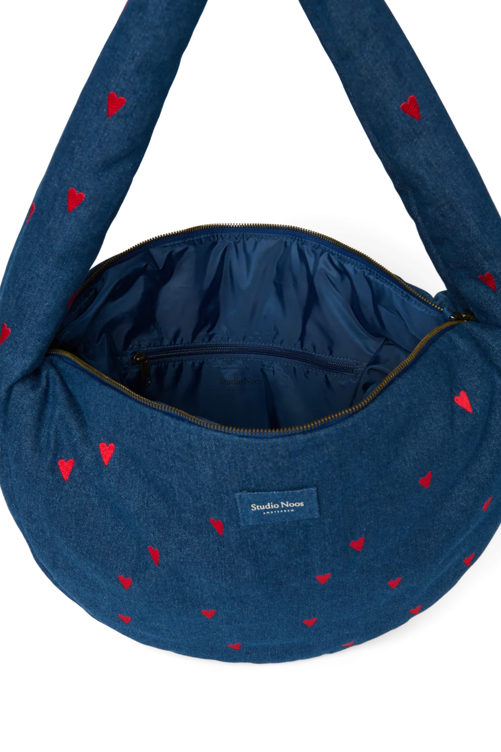 Denim Cross Body Bag | Dark Blue Red Hearts