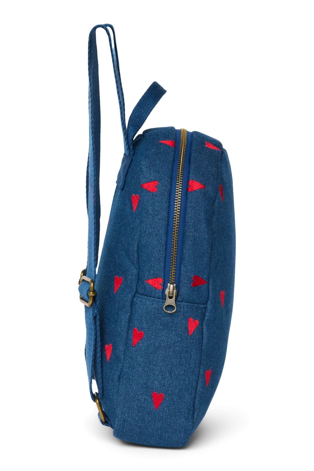 Denim Mini Backpack | Dark Blue Red Hearts