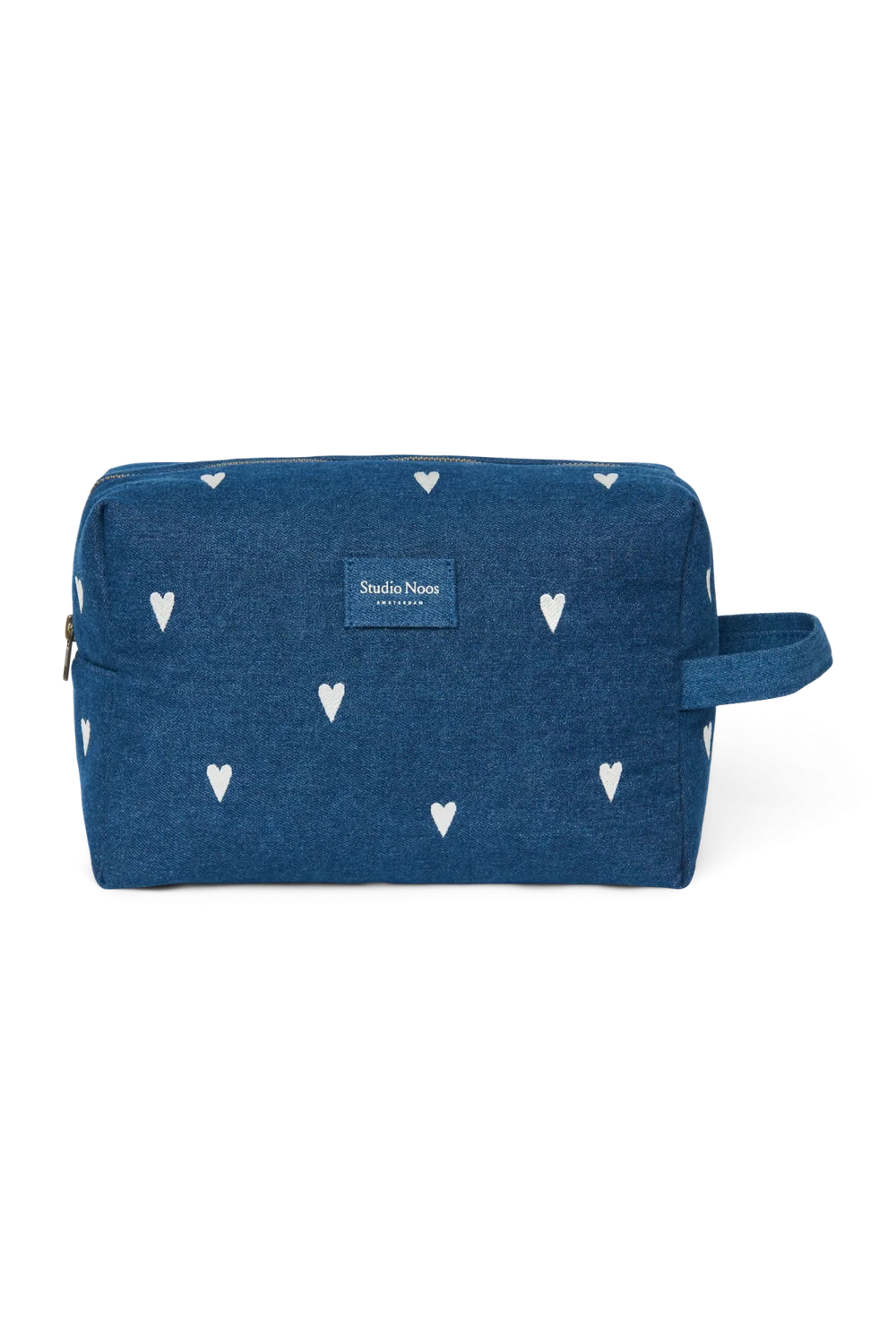 Denim Toiletry Bag | Dark Blue White Hearts