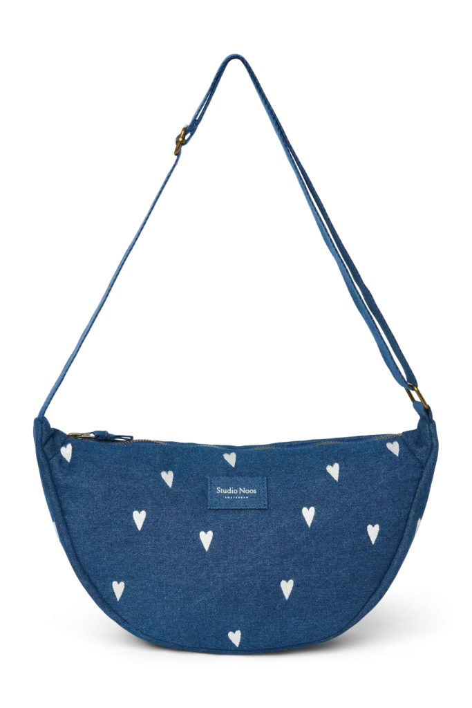 Denim Adult Fanny Pack | Dark Blue White Hearts