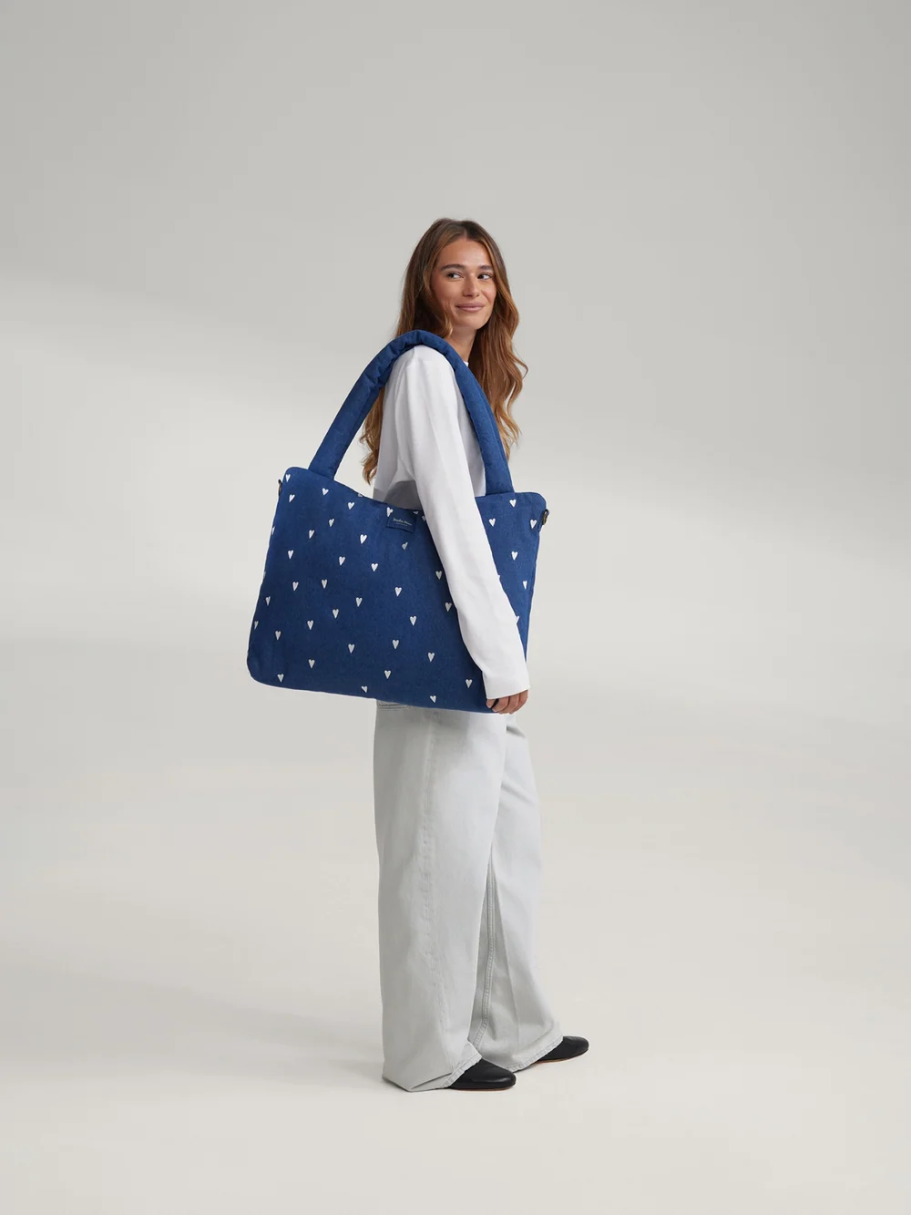 Denim Diaper Bag | Dark Blue White Hearts