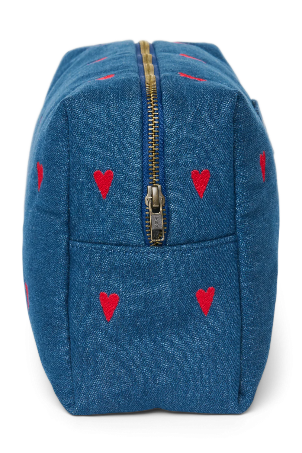 Denim Toiletry Bag | Dark Blue Red Hearts