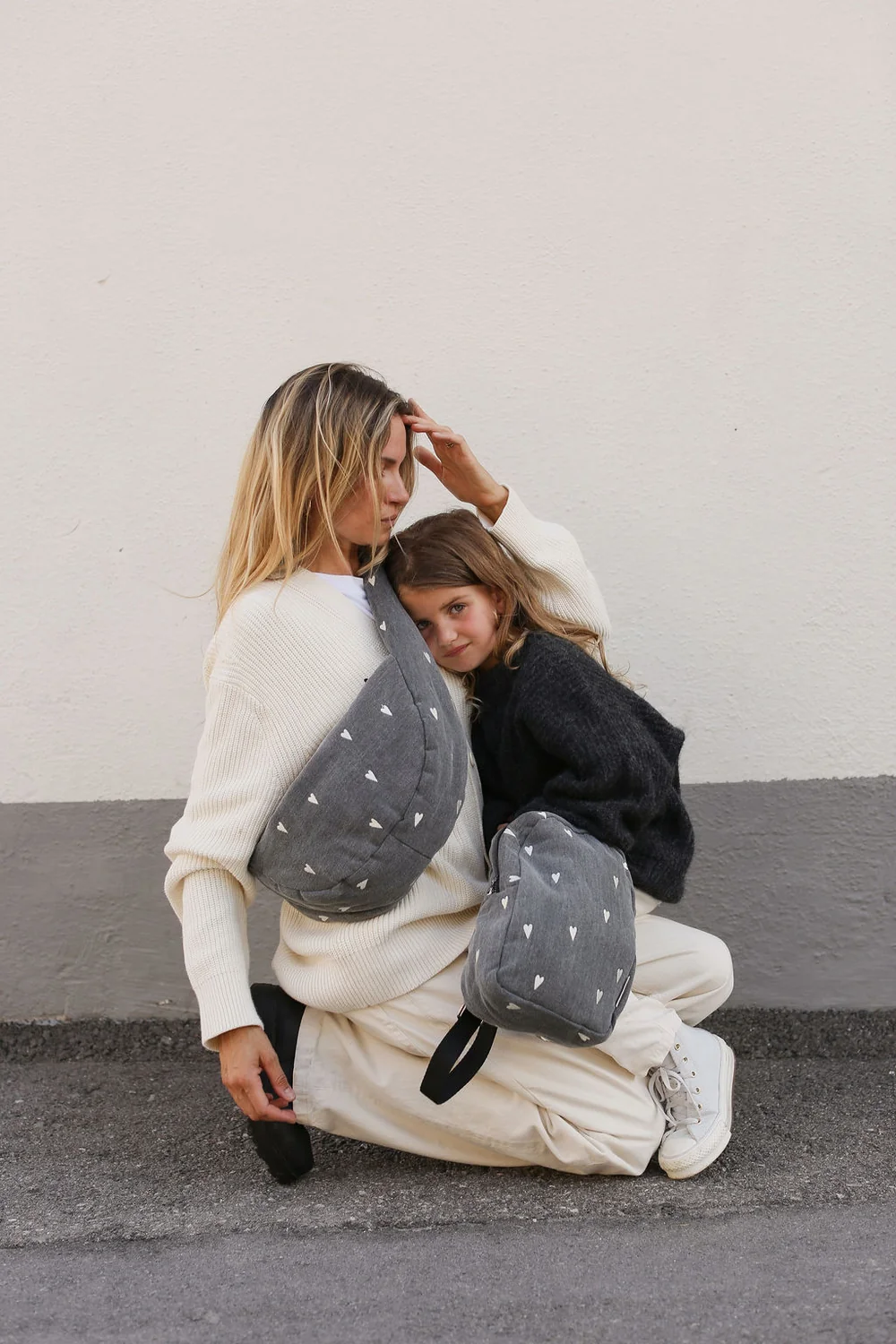 Denim Mini Backpack | Grey Hearts