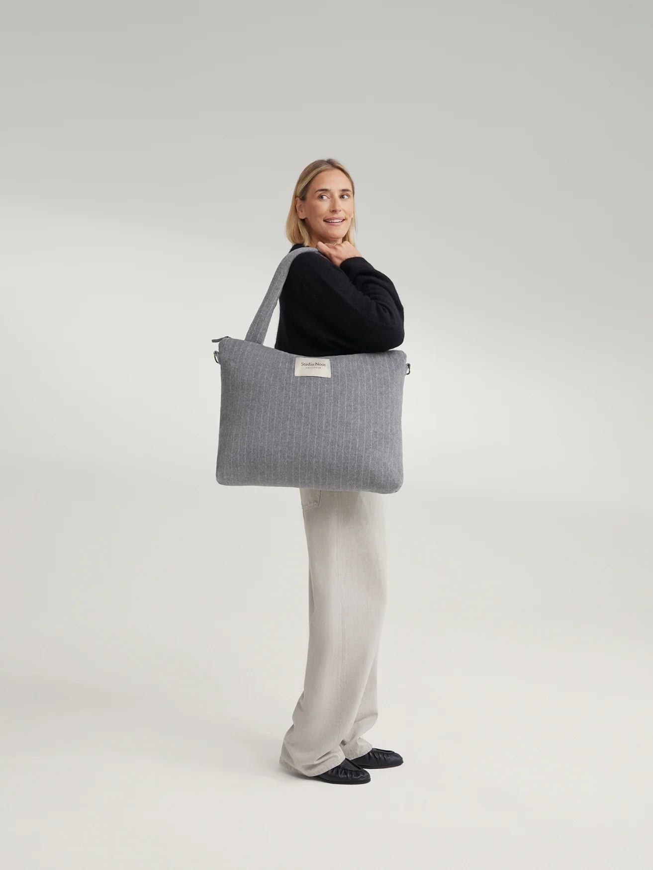 Flannel Chalkstripe Diaper Bag | Light Grey