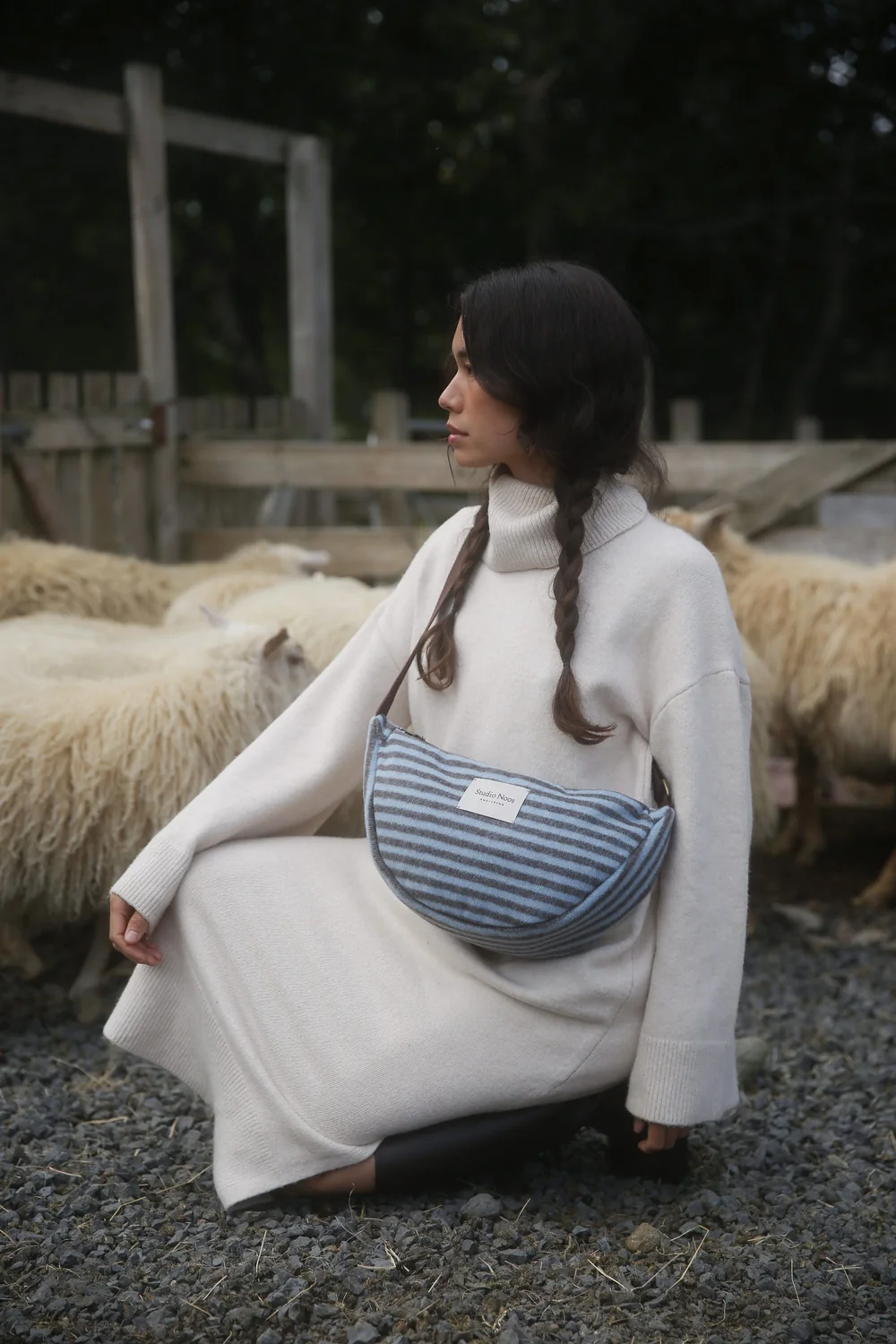 Stripy Wool Adult Fanny Pack | Light Blue / Brown